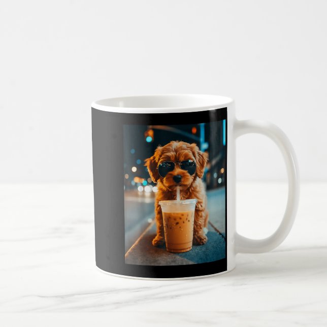 Funny goldendoodle drinking iced coffee animal mem mug (Right)
