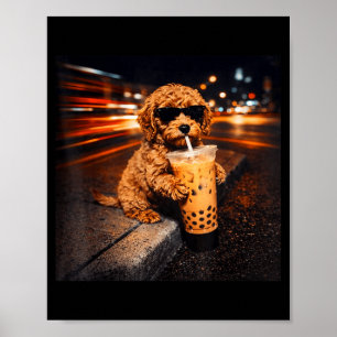 Funny goldendoodle drinking iced coffee animal mem poster