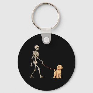 Funny Goldendoodle Skeleton Dog Walking Halloween Key Ring
