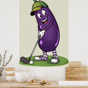Funny Golf Eggplant Character: Cartoon Golfer Vege Poster