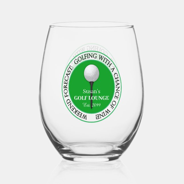 Funny Golf Golfing Golfer Ball Tee Cocktail Drink Stemless Wine Glass (Front)