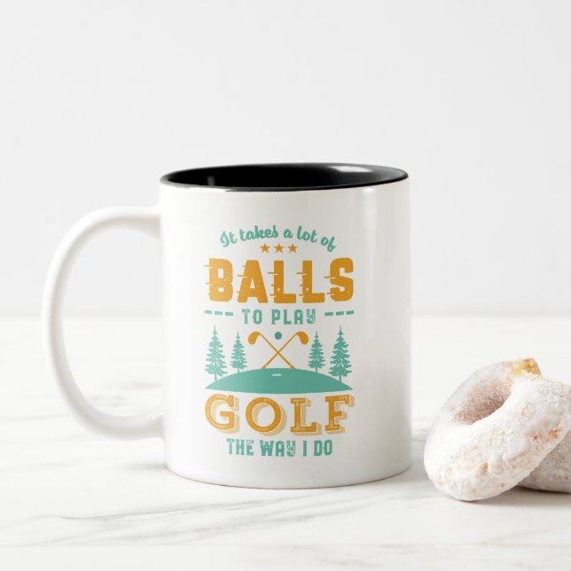 Funny Golf Player Golfer Lots of Balls Golfing Pun Two-Tone Coffee Mug (With Donut)