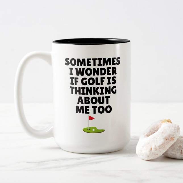 Funny Golf Quote Gift Thinking About Golf Humour Two-Tone Coffee Mug (With Donut)