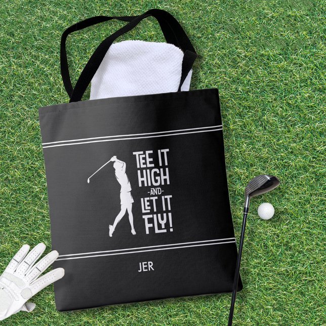 Funny Golf Saying Modern Black White  Tote Bag (Personalized Golfer Golf Humor Funny Sports Modern Black & White Tote Bag For Her.)