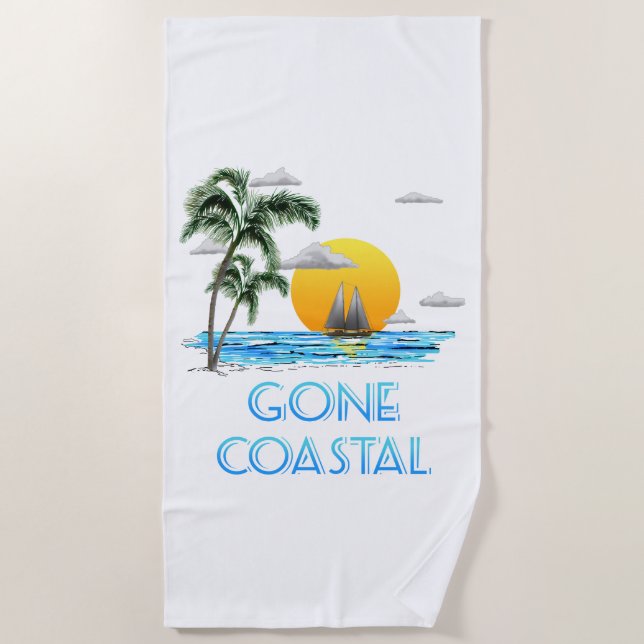 Funny Gone Coastal Nautical Sailing Sunset Beach Towel (Front)