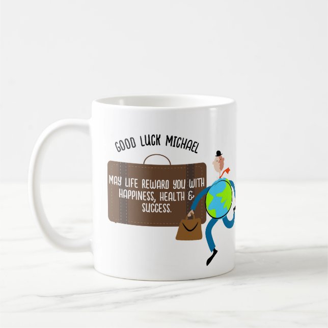 Funny Goodbye Gift Personalised Travelling Man Coffee Mug (Left)