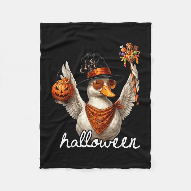 Funny goose halloween witch pumpkin ghost goose fleece blanket (Front)