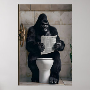 Funny Gorilla on Toilet Print, Newspaper, Bathroom Poster
