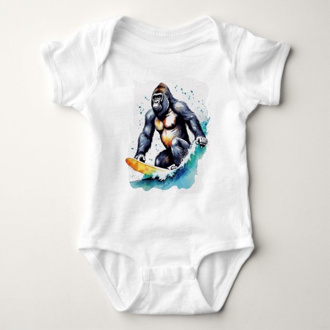 Funny gorilla surfing  baby bodysuit (Front)