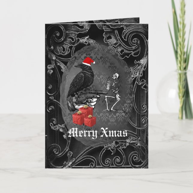 Funny  gothic crow black Christmas Holiday Card (Front)