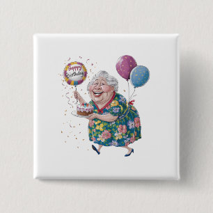 Funny Grandma Bday Cake And Balloon 15 Cm Square Badge