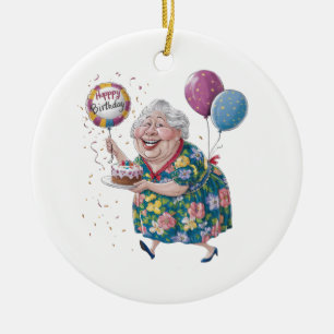 Funny Grandma Bday Cake And Balloon Ceramic Tree Decoration