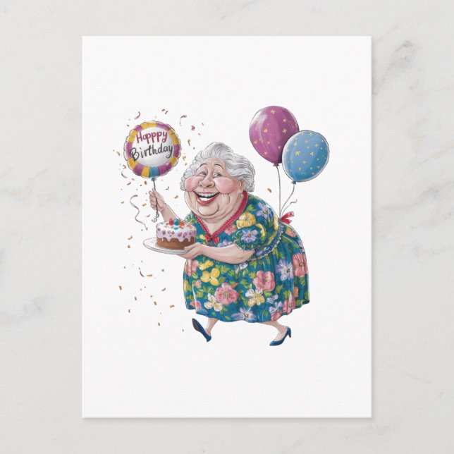 Funny Grandma Bday Cake And Balloon Postcard (Front)