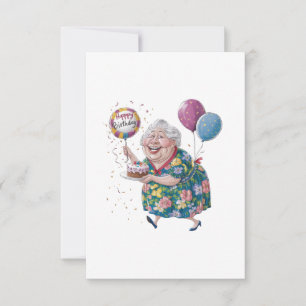 Funny Grandma Bday Cake And Balloon Thank You Card