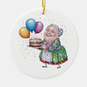 Funny Grandma Floral Apron Bday Art Ceramic Tree Decoration