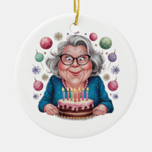 Funny Grandma Staring at Cake Bday Art Ceramic Tree Decoration