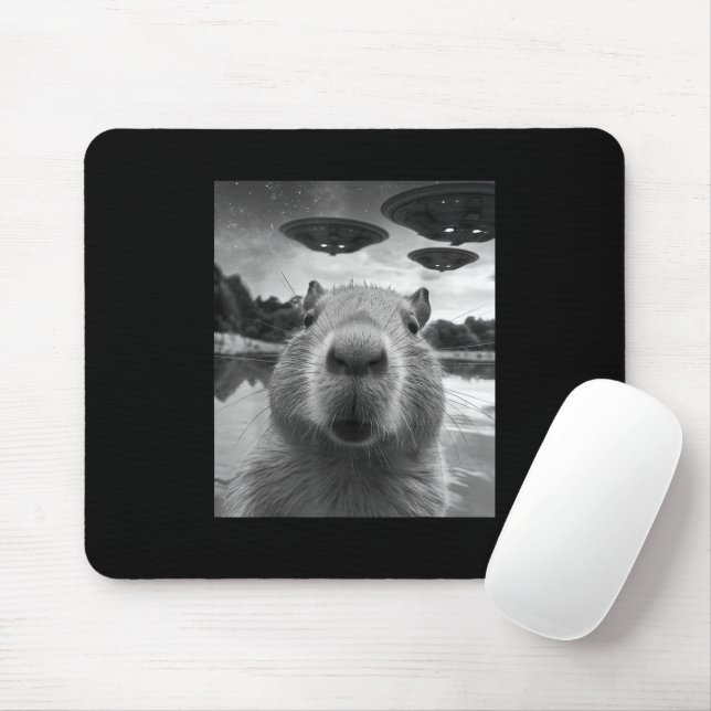 Funny Graphic Capybara Selfie with UFOs Weird Mouse Pad (With Mouse)