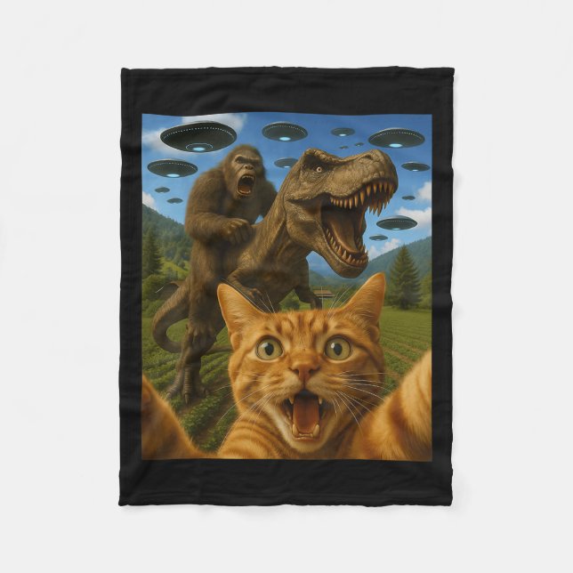 Funny Graphic Cat Selfie With Bigfoot Riding T-rex Fleece Blanket (Front)