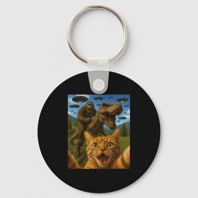 Funny Graphic Cat Selfie With Bigfoot Riding T-rex Key Ring (Front)