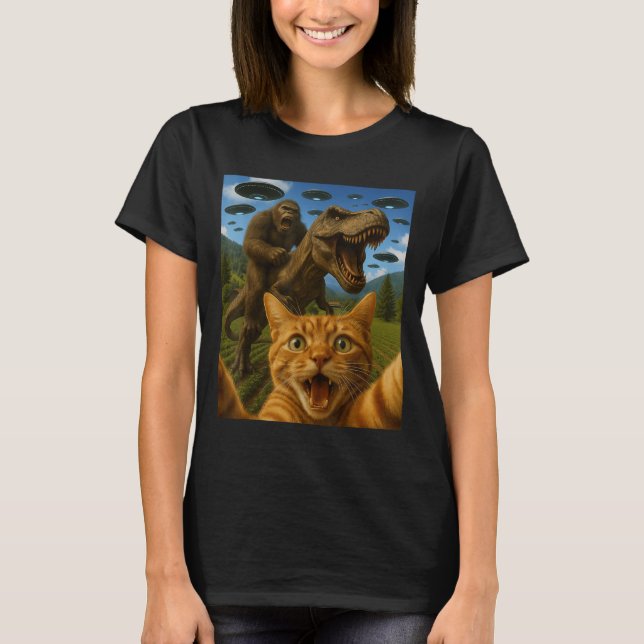 Funny Graphic Cat Selfie With Bigfoot Riding T-rex T-Shirt (Front)