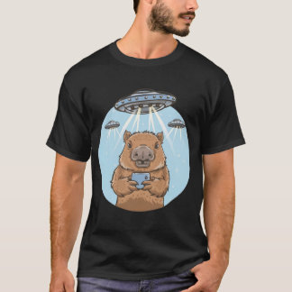 Funny Graphic Tee Capybara Selfie with UFOs Weird