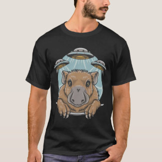 Funny Graphic Tee Capybara Selfie with UFOs Weird