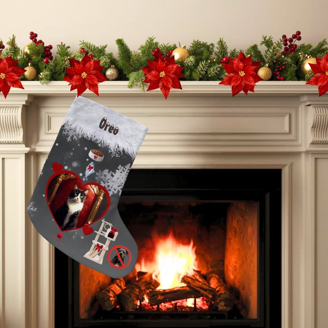 Funny Gray Black Cat Christmas Wishes Pet Photo Small Christmas Stocking (Funny stocking for cat lovers with your uploaded photo and things kitty may want for Christmas)