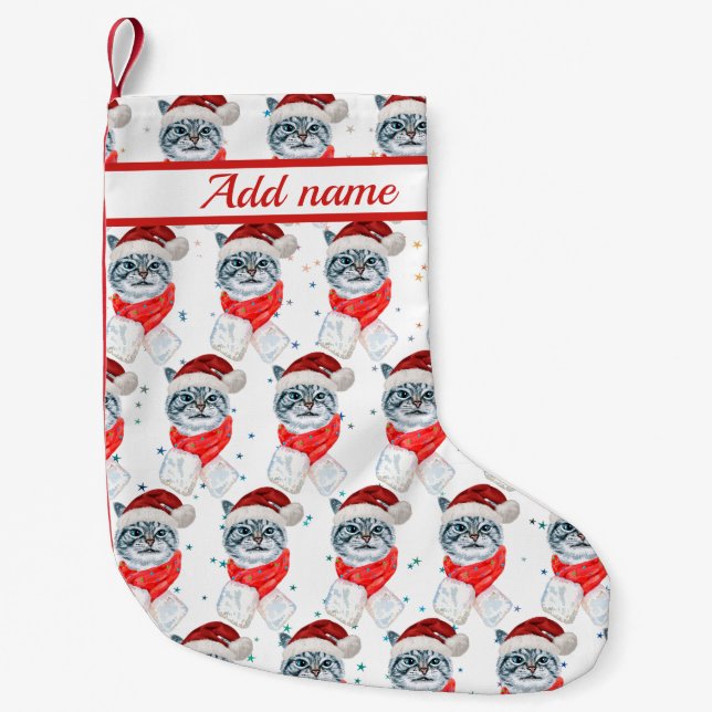 Funny Gray Tabby Cat With Santa Hat Christmas Small Christmas Stocking (Front)