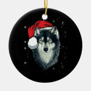Funny Gray Wolf Christmas Santa Hat Wolves Outfit  Ceramic Tree Decoration