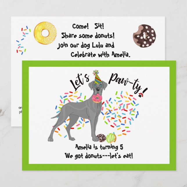 Funny Great Dane Pet Dog Doughnuts Birthday Party Invitation (Front/Back)