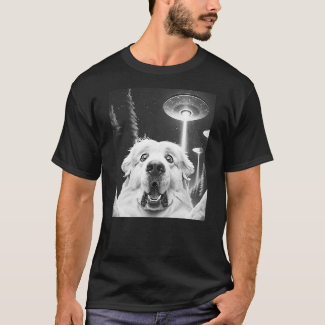 Funny Great Pyrenees Alien UFO Taking a Selfie Dog T-Shirt (Front)