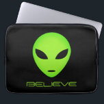 Funny green alien cartoon custom laptop sleeve<br><div class="desc">Believe... Funny green alien cartoon custom laptop sleeve. Personalise with your own space quote or text. Cool gifts for Birthday,  sci fi events and more. Alien head with big black eyes. Custom computer supplies. Available in 13 and 15 inch sizes.</div>