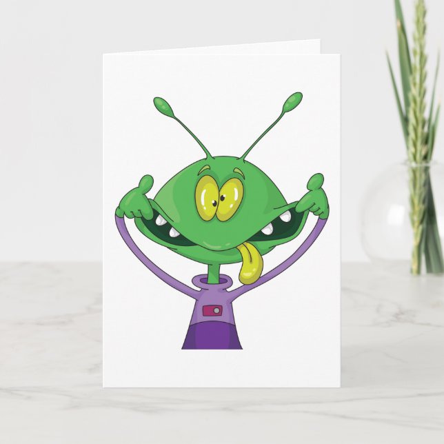 Funny Green Alien Making Silly Face Card (Front)