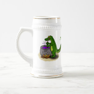 Funny green alligator cooking cartoon beer stein