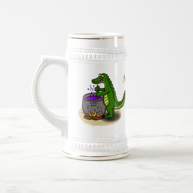 Funny green alligator cooking cartoon beer stein (Left)