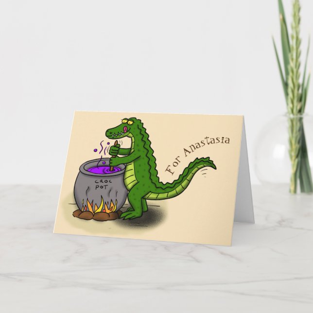 Funny green alligator cooking cartoon card (Front)