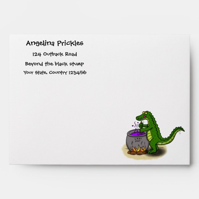Funny green alligator cooking cartoon envelope (Front)