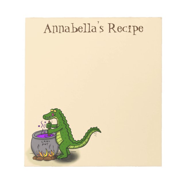 Funny green alligator cooking cartoon notepad (Front)