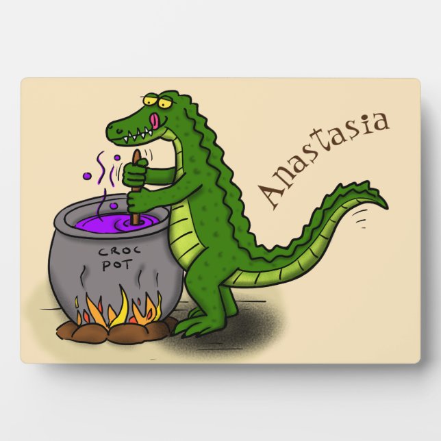 Funny green alligator cooking cartoon plaque (Front)