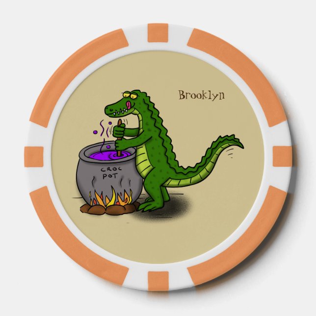 Funny green alligator cooking cartoon poker chips (Front)