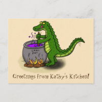 Funny green alligator cooking cartoon postcard