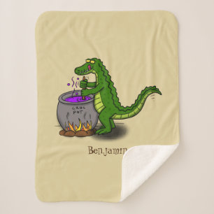 Funny green alligator cooking cartoon sherpa blanket