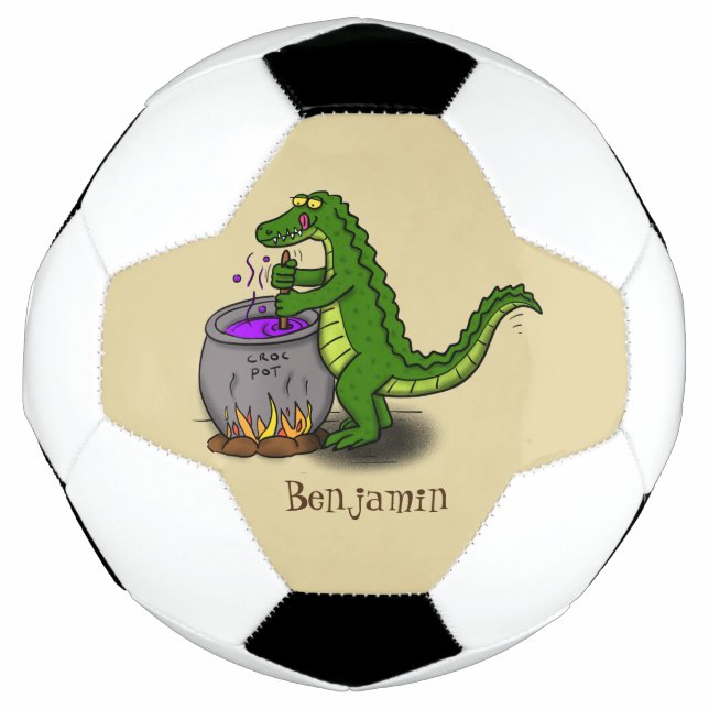Funny green alligator cooking cartoon soccer ball (Front)