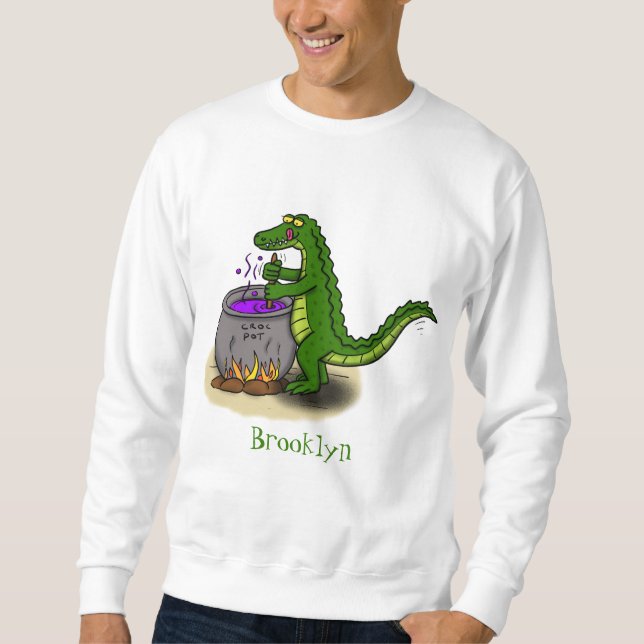 Funny green alligator cooking cartoon sweatshirt (Front)