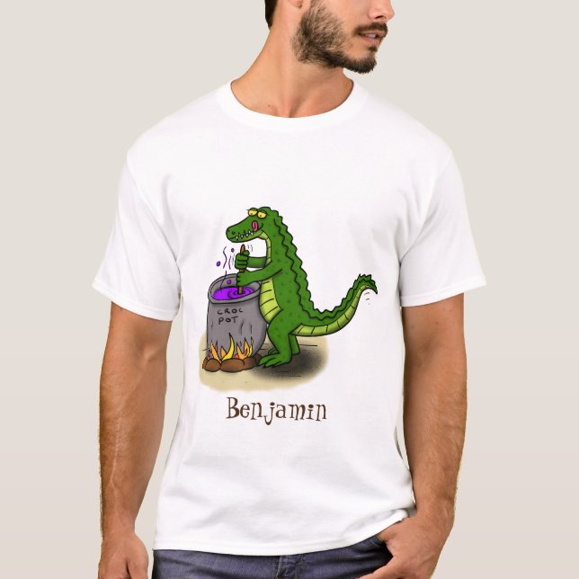 Funny green alligator cooking cartoon T-Shirt (Front)