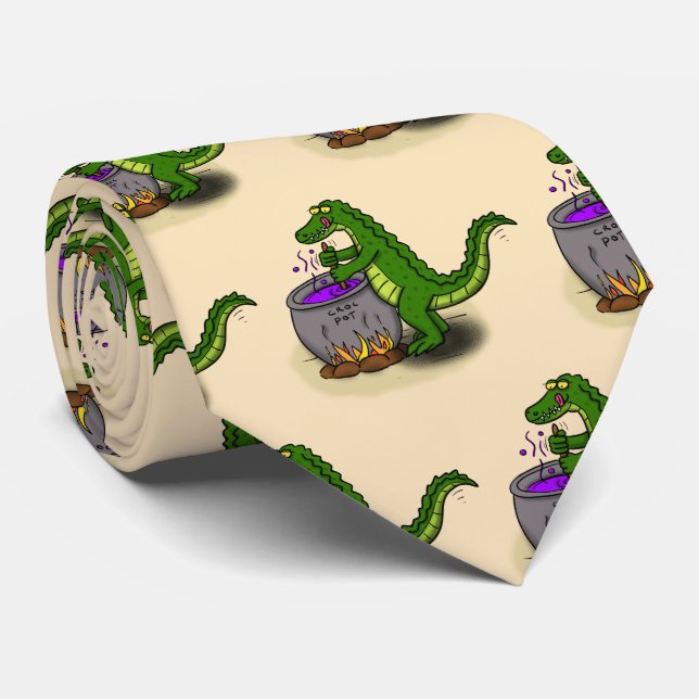 Funny green alligator cooking cartoon tie (Rolled)