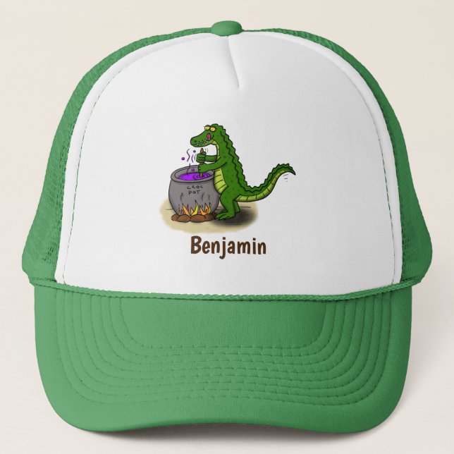 Funny green alligator cooking cartoon trucker hat (Front)