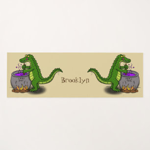 Funny green alligator cooking cartoon yoga mat
