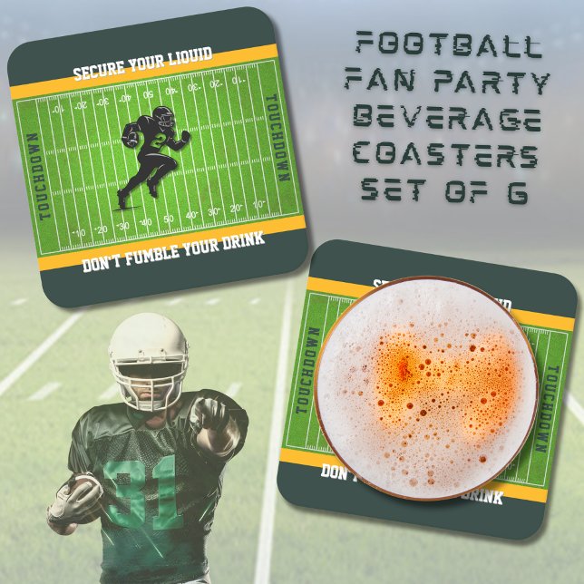Funny Green and Gold Football Fan Beverage Coaster (Perfect addition for the man cave, game day party, or as a personalized gift for the sports fan)