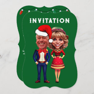 Funny Green and red Xmas Caricature couple Invitation